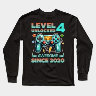 Level 4 Unlocked Awesome Since 2020 4th b-day Gift For Boys Kids Toddlers Long Sleeve T-Shirt